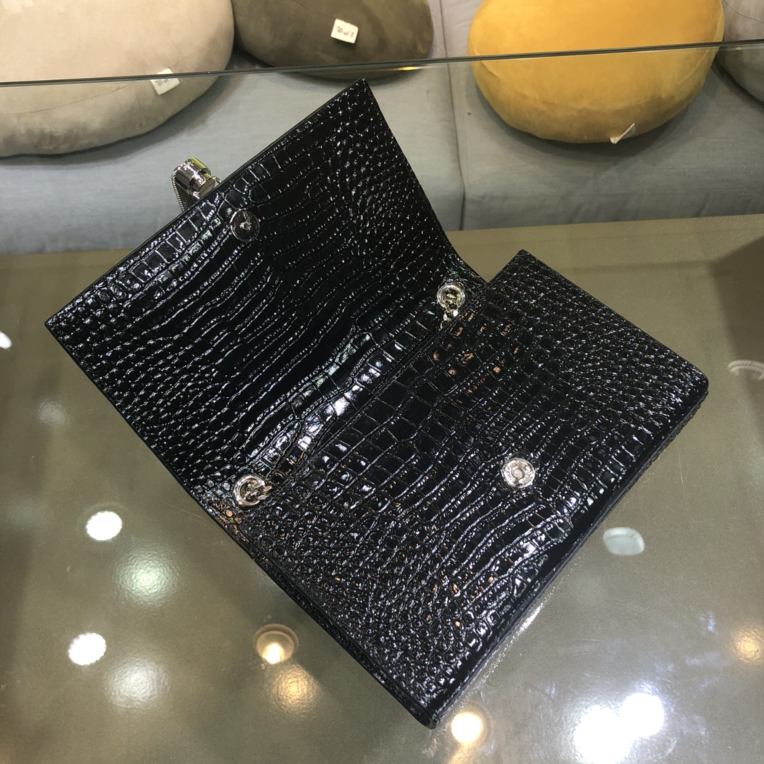 Saint Laurent Kate Tassel Small Crocodile Embossed Calfskin Shoulder Bag Handbag Black 474366 Silver